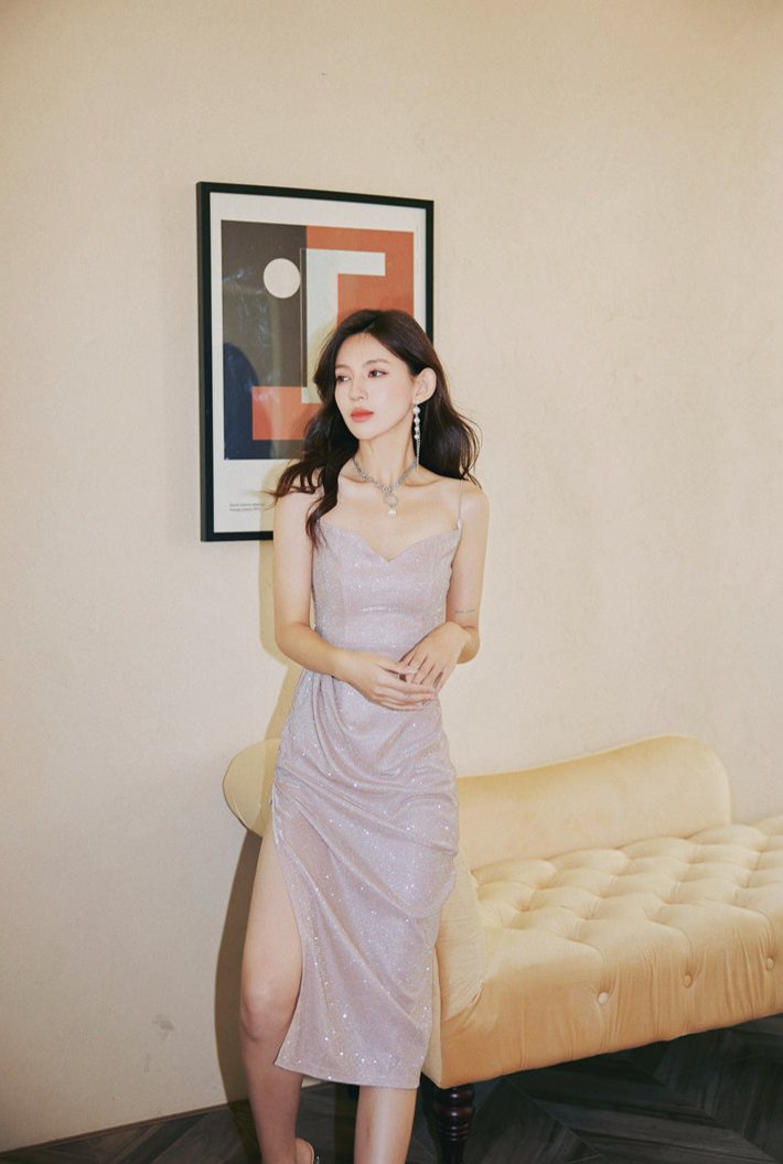 DOLLY Elegant Sleeveless Purple Thin Strap Suspender Sequin Dinner Dress-YESENIA