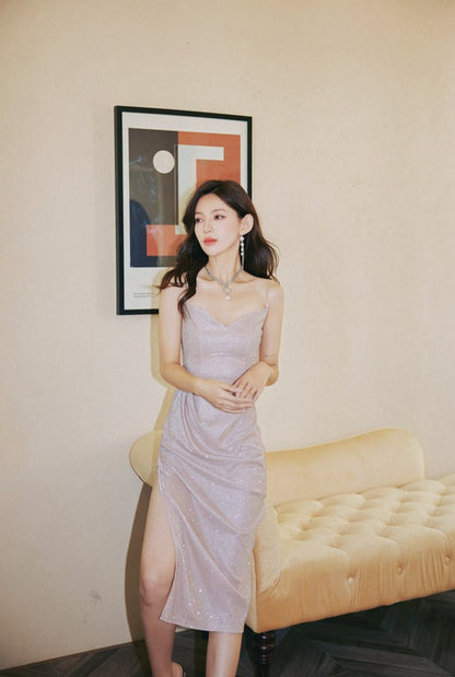 DOLLY Elegant Sleeveless Purple Thin Strap Suspender Sequin Dinner Dress-YESENIA