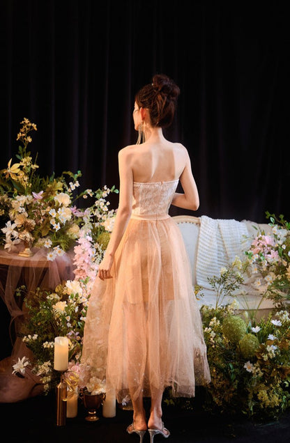 DOLLY Elegant Fake Two Piece Sleeveless Tube Top Sequin Long Dress-POLA