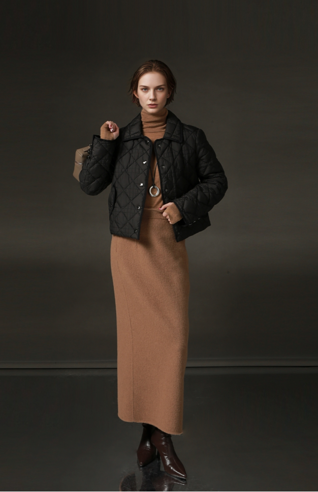 PIAOIN small rhombic short down jacket women's elegant warm winter style-SEAN