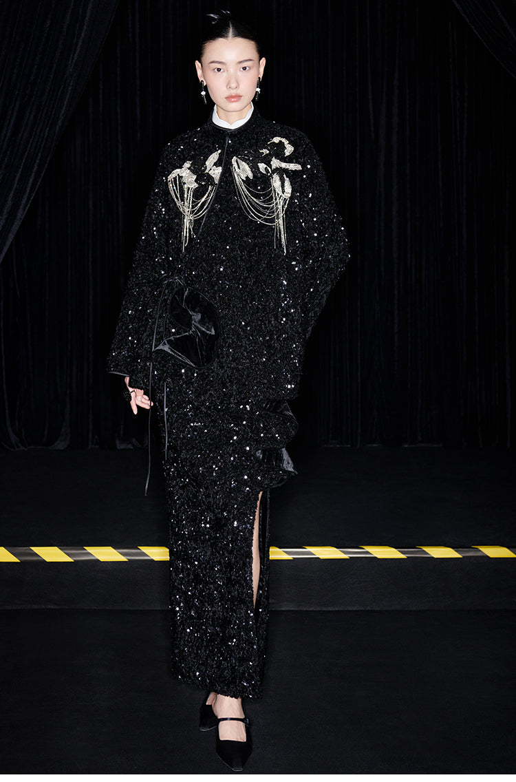 M essential Mackay designer three-dimensional silver orchid catenary beaded jacket - sill.