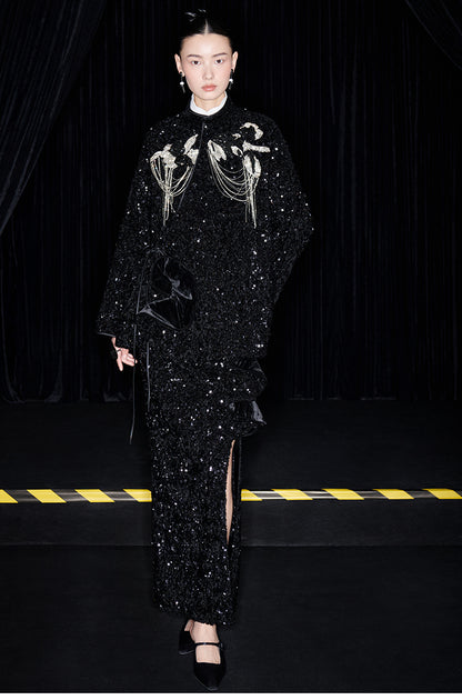 M essential Mackay designer three-dimensional silver orchid catenary beaded jacket - sill.