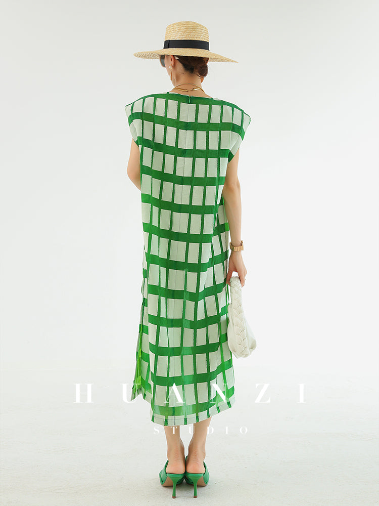 Huanzi high-end green plaid shoulder padded sleeveless dress  - Elly- Sikka