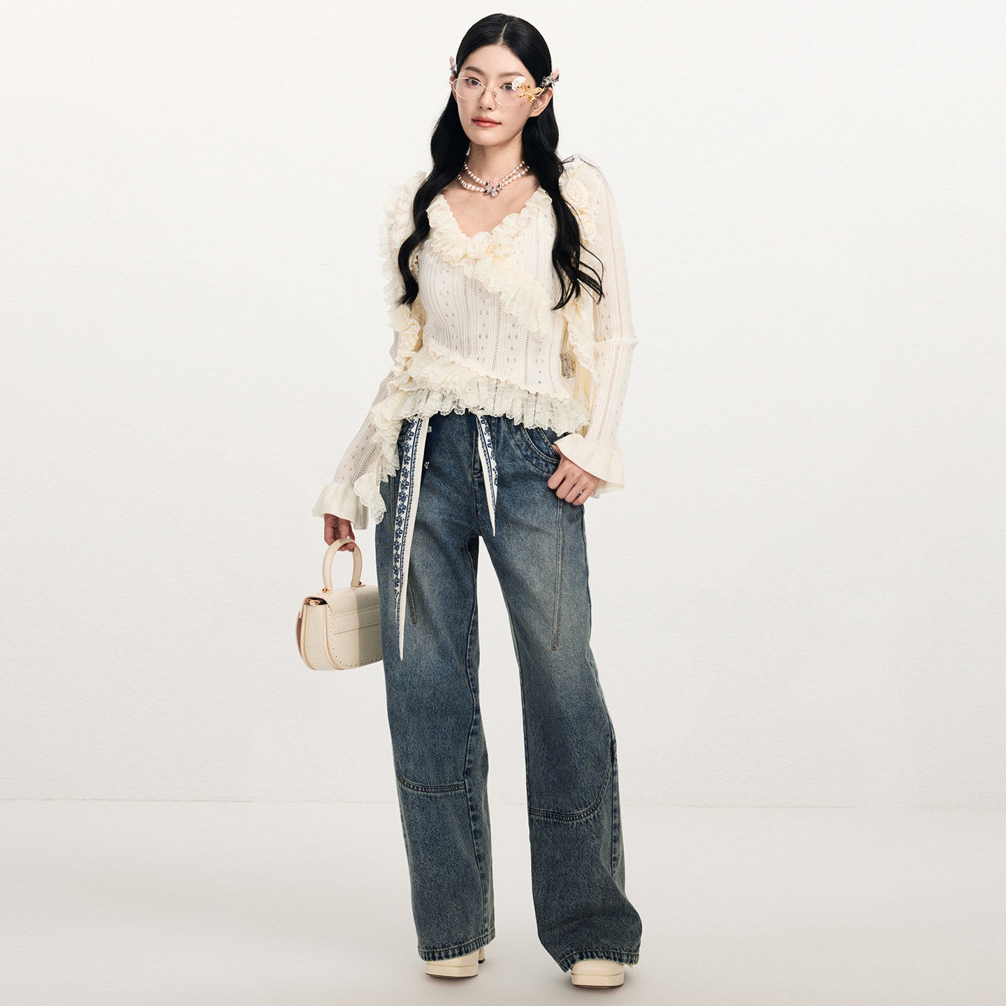 FAME Three-Dimensional Floral Ruffle Trim Lace Long Sleeve Knitted Sweater