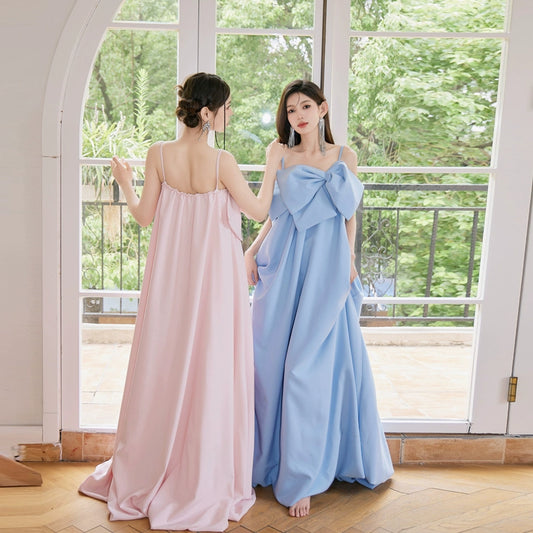 DOLLY Luxury Pink/Blue  Sleeveless Big Bow Long Loose Resort Suspender Dress-JIJI