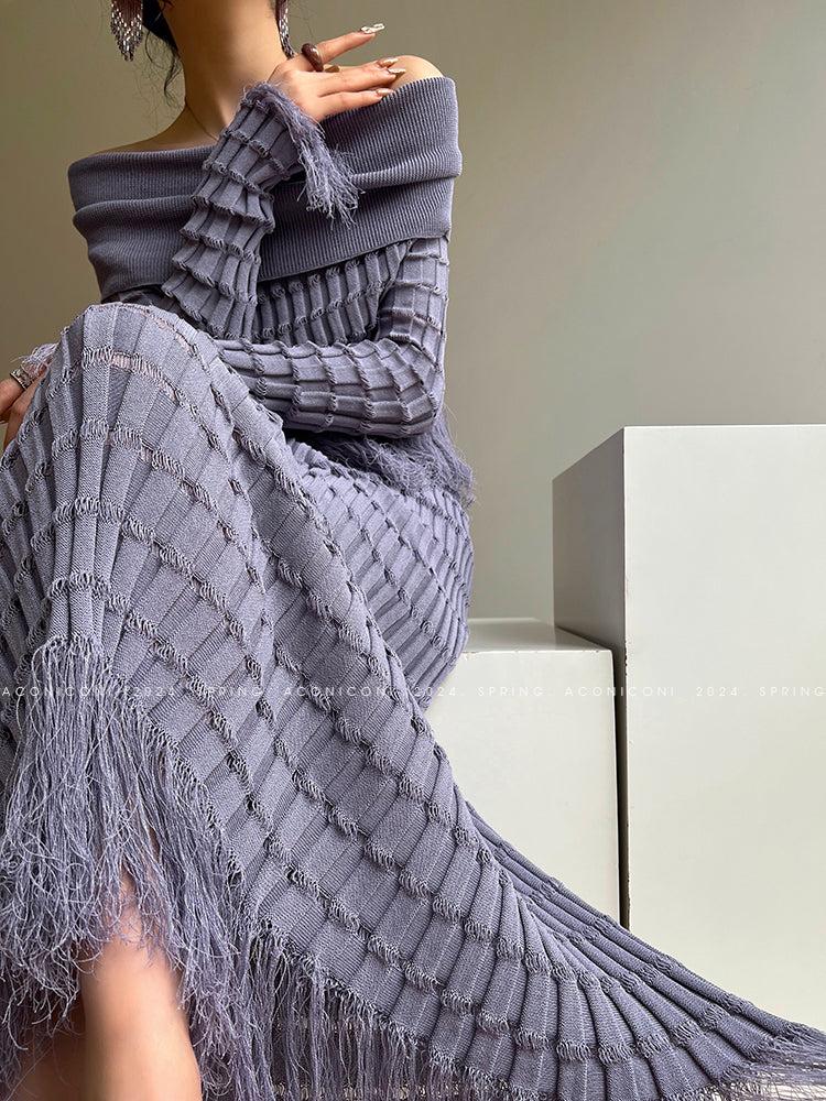 Aconiconi High EndOff Shoulder bodyon Long sweater skirt top- Lavender Hibiscus L (L-XL wearable) / Purple / Top Aconiconi High EndOff Shoulder bodyon Long sweater skirt top- Lavender Hibiscus L (L-XL wearable) / Purple / Top