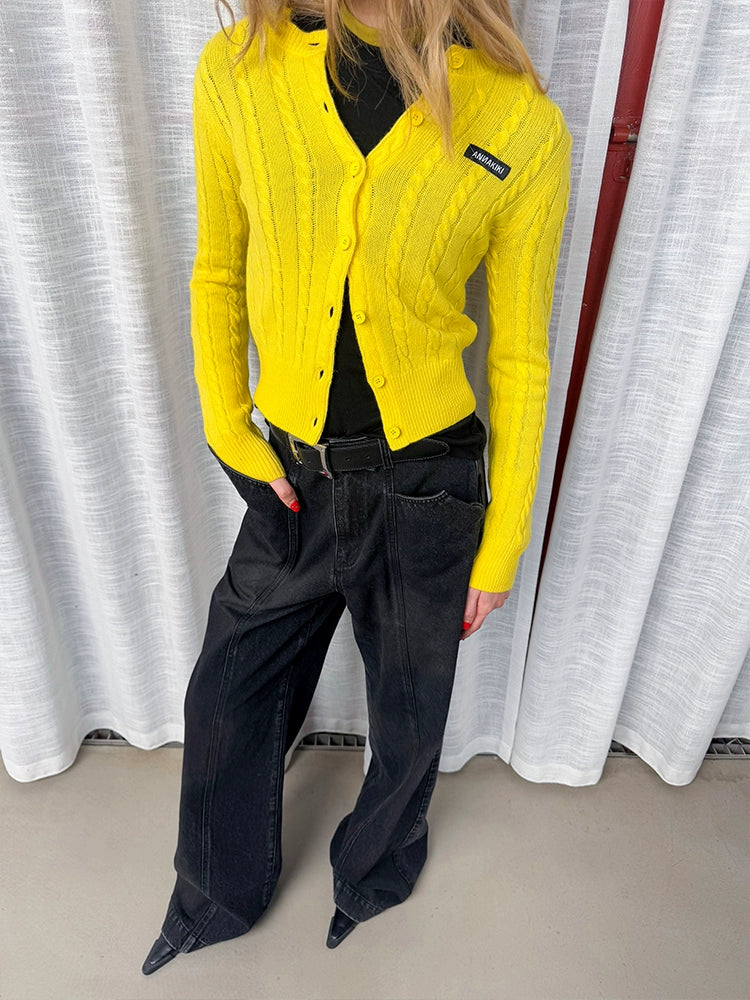 ANNAKIKI furry crew neck slim sheep knitted cardigan sweater-RIN