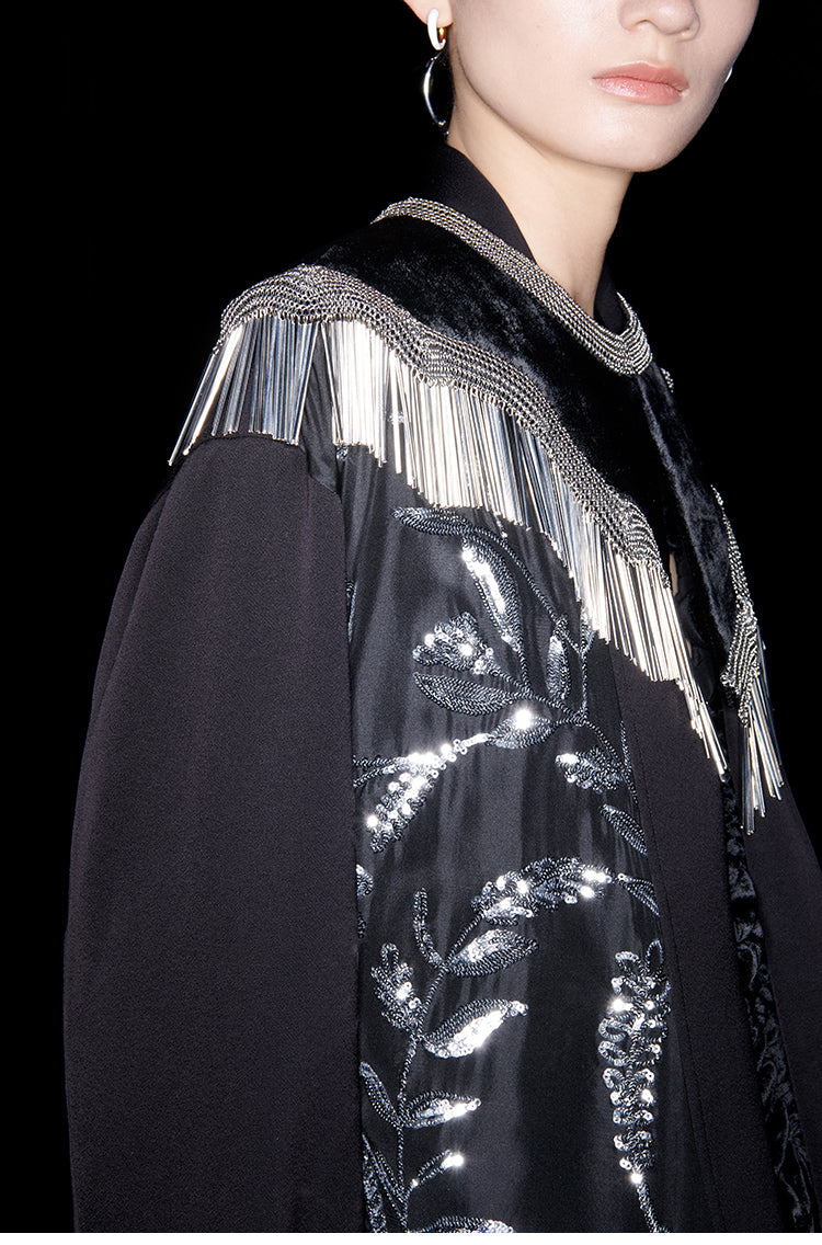 M essential Mackay designer silk-velvet crewneck tassel cape blazer dress set-  Benny.