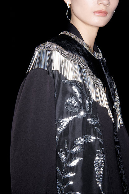 M essential Mackay designer silk-velvet crewneck tassel cape blazer dress set-  Benny.