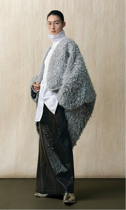 ZHUCHONGYUN curly textured wool loose midi curved cardigan jacket--MOJO.