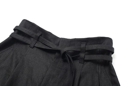 ZHUCHONGYUN Summer Black Loose Belted Linen Long Pants-HARU.