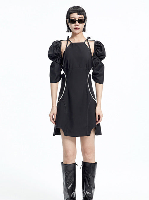 TINY IN panelled detachable sleeve in black dress -COPPER