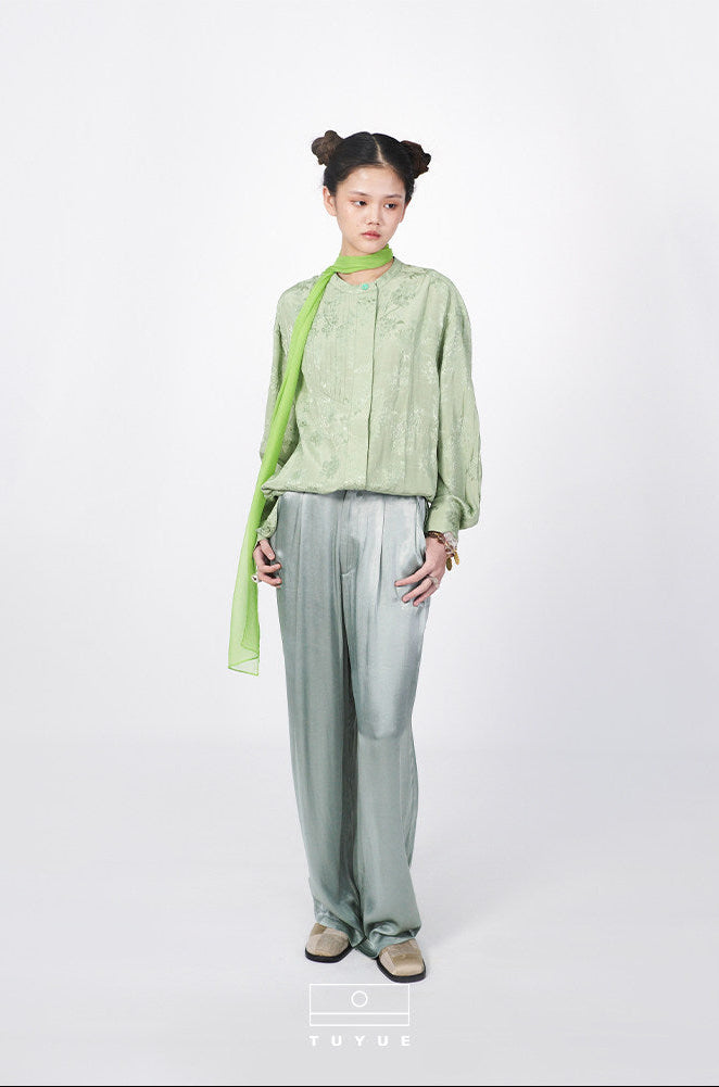 TUYUE Jacquard Pleated Crew Neck Long Sleeve Shirt- JASON.