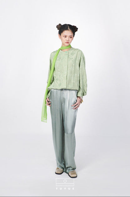 TUYUE Jacquard Pleated Crew Neck Long Sleeve Shirt- JASON.