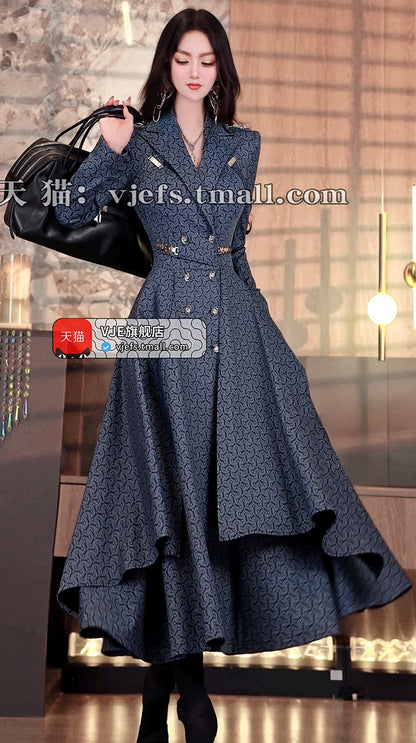 VJE Women's Printed Trench Coat Waist Double-breasted Jacket-JOJO.