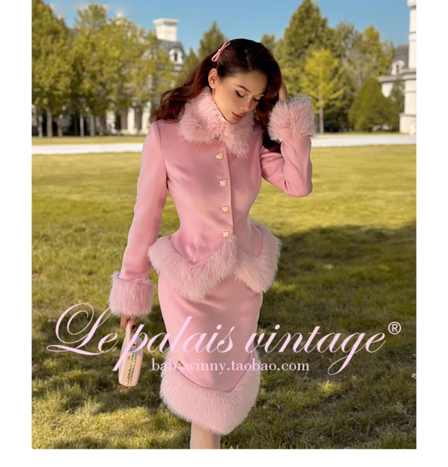 Le Palais Vintage Elegant long sleeve pink fur collar two piece banquet suit- Fave