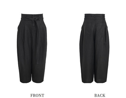 ZHUCHONGYUN Summer Black Loose Belted Linen Long Pants-HARU.