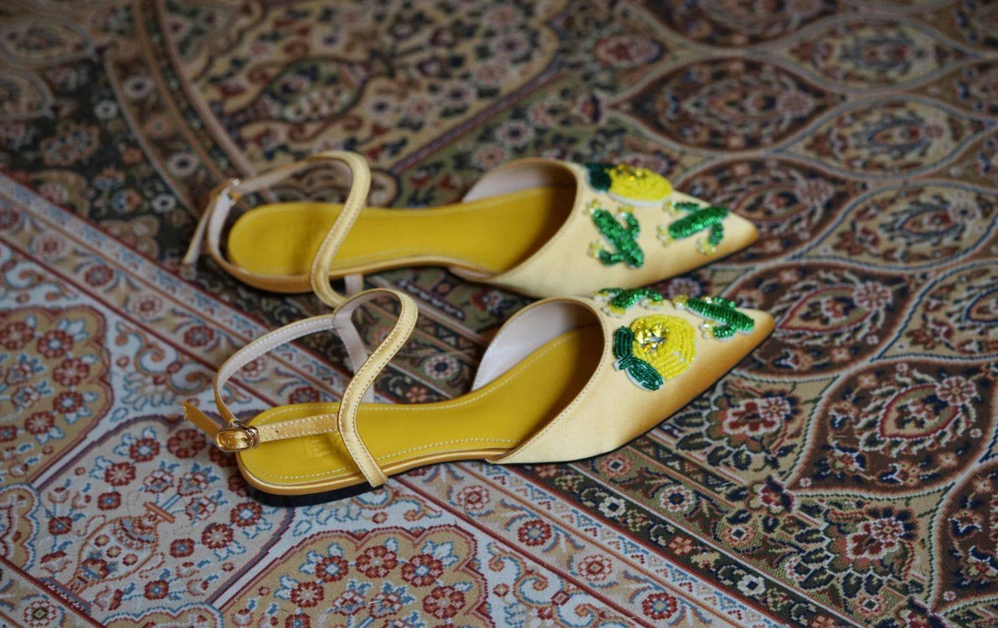 B-FEI Yellow Pointed Toe Embossed Flat Women's Sandals-VILIA.