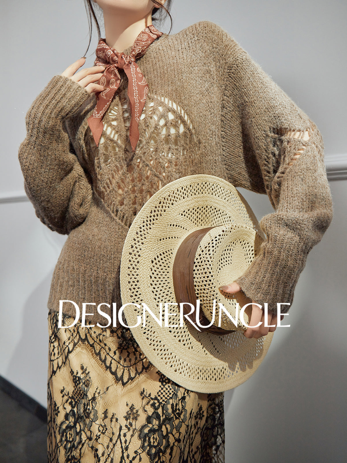 DGU| Light brown light luxury hollow design fashionable comfortable knitwear - Brianna.