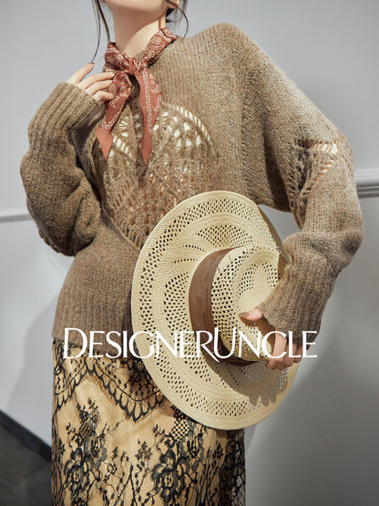DGU| Light brown light luxury hollow design fashionable comfortable knitwear - Brianna.