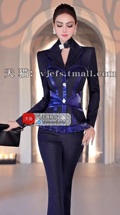 VJE  Denim Suit Single-Breasted Suit Micro Flared Pants Two-Piece Set - GOYA.