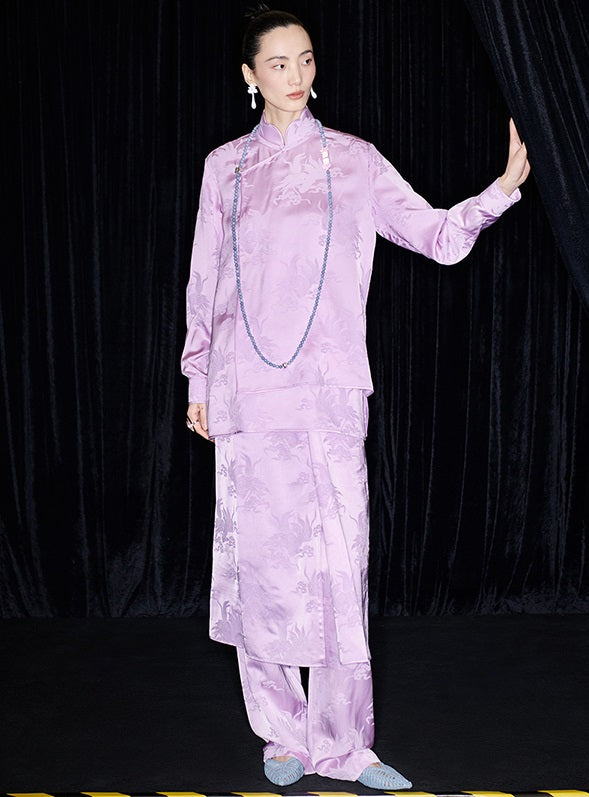 M essential Mackay designer label hibiscus jacquard side collar shirt set - THEO.