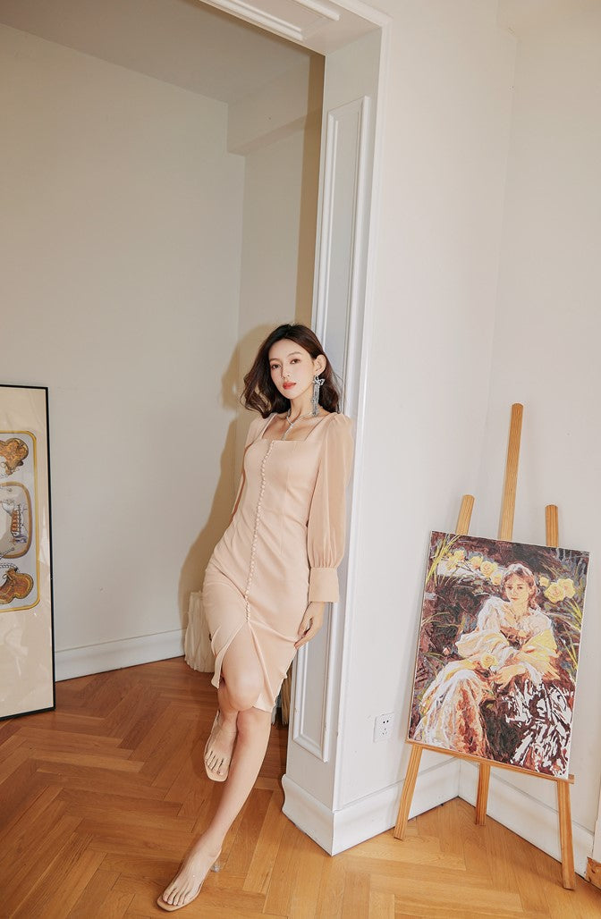 DOLLY Elegant French Style Square Collar Long Puff Sleeve Satin Mini Dinner Dress-PERACH