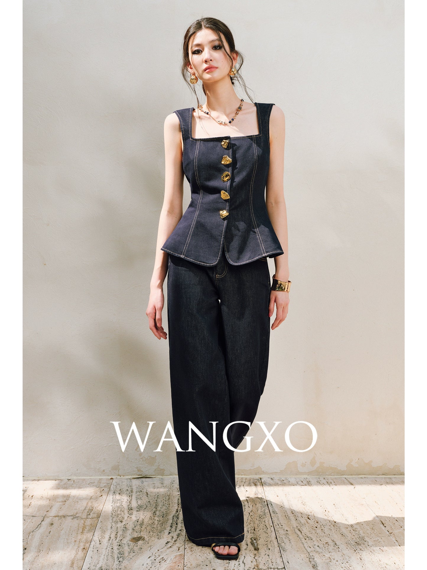 WANGXO | Light-Breathing Tencel Cotton Custom Metal Buckle Vest & Wide-Leg Pants Retro Denim Suit-YARA