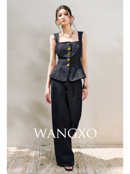 WANGXO | Light-Breathing Tencel Cotton Custom Metal Buckle Vest & Wide-Leg Pants Retro Denim Suit-YARA