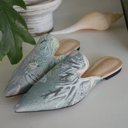 B-FEI vintage satin embossed flat mules-JOYCE.