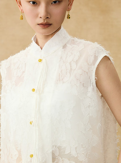 HECO Chinese Style Stand-up Collar Cut Flower Sleeveless Shirt - HELD .