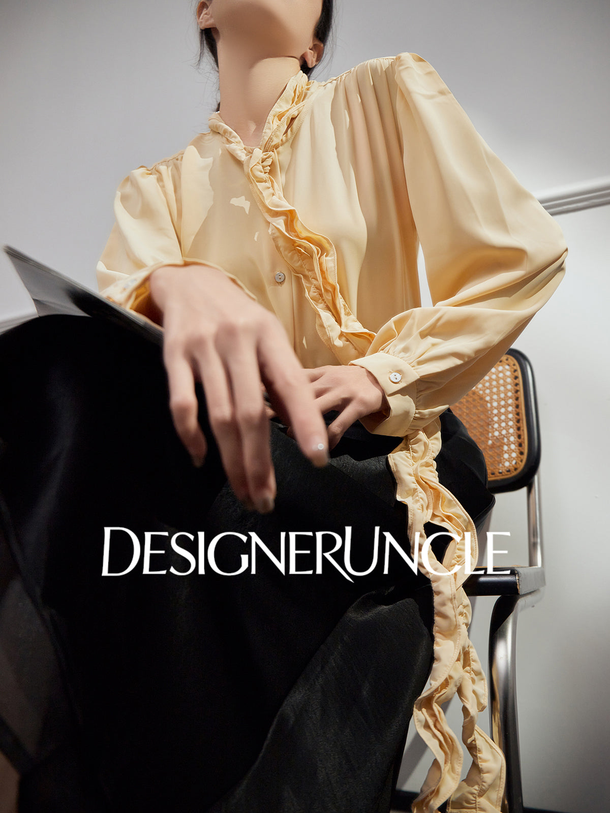 DGU "Euphemism" goose yellow shirt commuter ruffle slimming versatile top - LOVER.