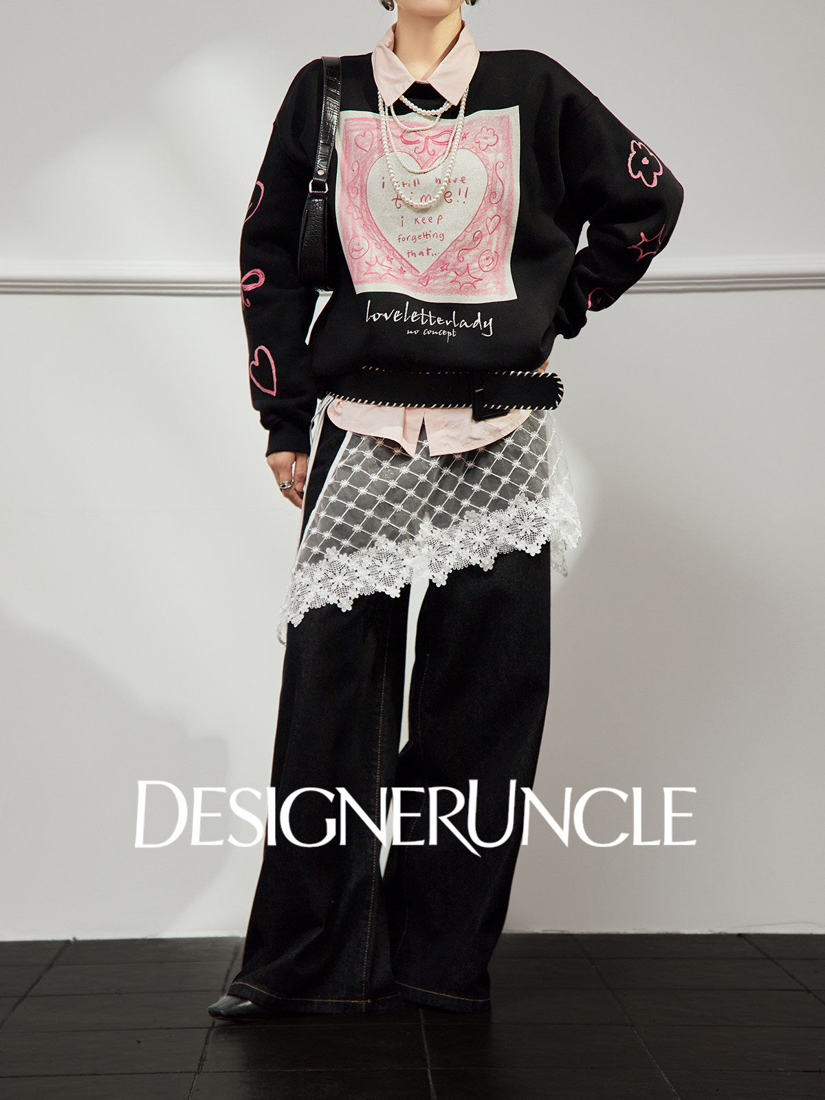 DGU×LAB "Star Dance" black fleece sweatshirt love print crew neck top - MAH