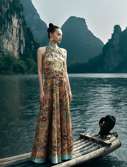 HECO Chinese Retro Mural Golden Dragon Embroidered Vest Top - ERIKA.