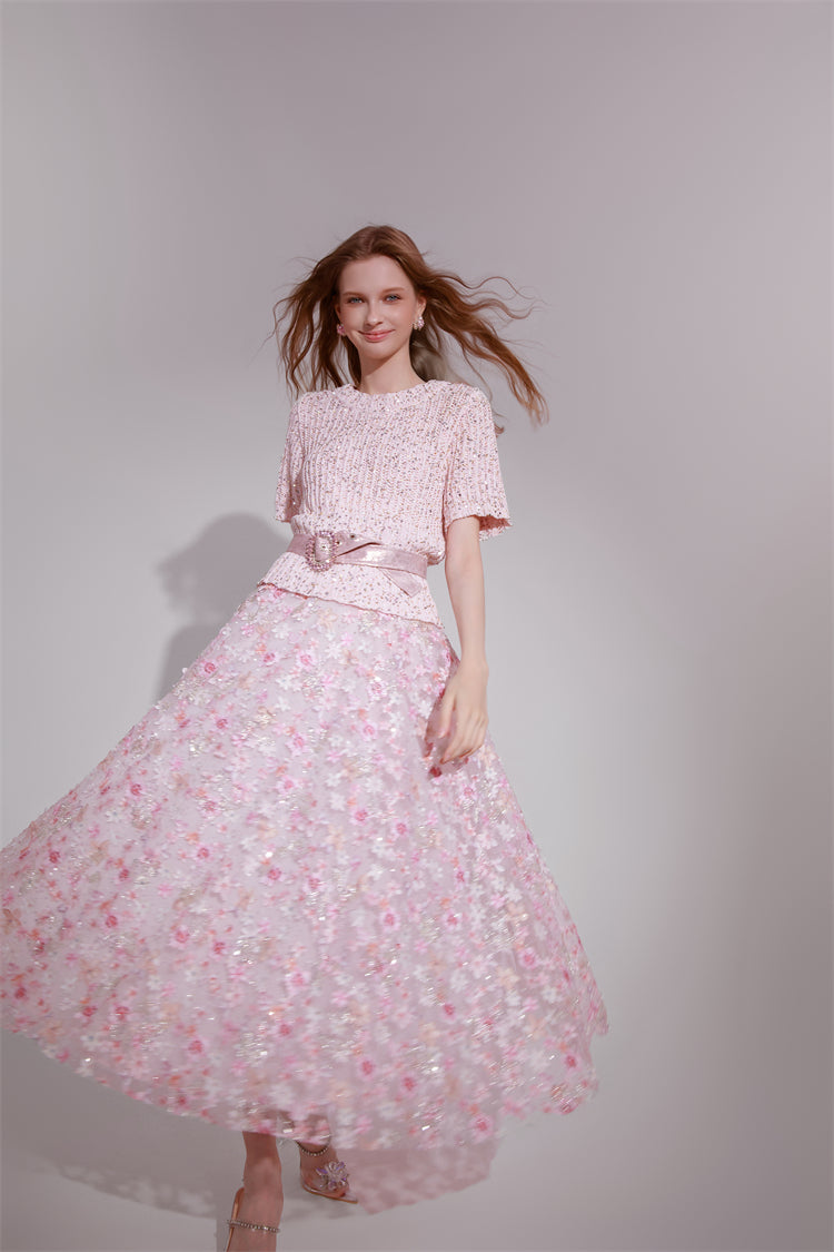 Wardrobes by Chen Elegant Pink Sequin Embroidered Long midi Skirt - Jiaa