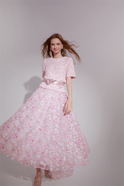 Wardrobes by Chen Elegant Pink Sequin Embroidered Long midi Skirt - Jiaa