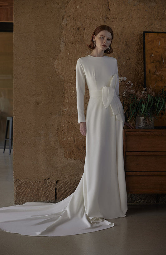 GOUDIN white trailing long-sleeved backless dress - see.