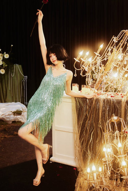DOLLY Elegant Turquoise Green Sleeveless V-neck Tassel Glitter Cocktail Dress-ALEXA