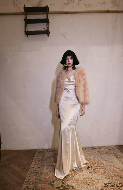 DOLLY Luxury White Stain Retro Sleeveless Long Fishtail Cocktail Dress-BETA