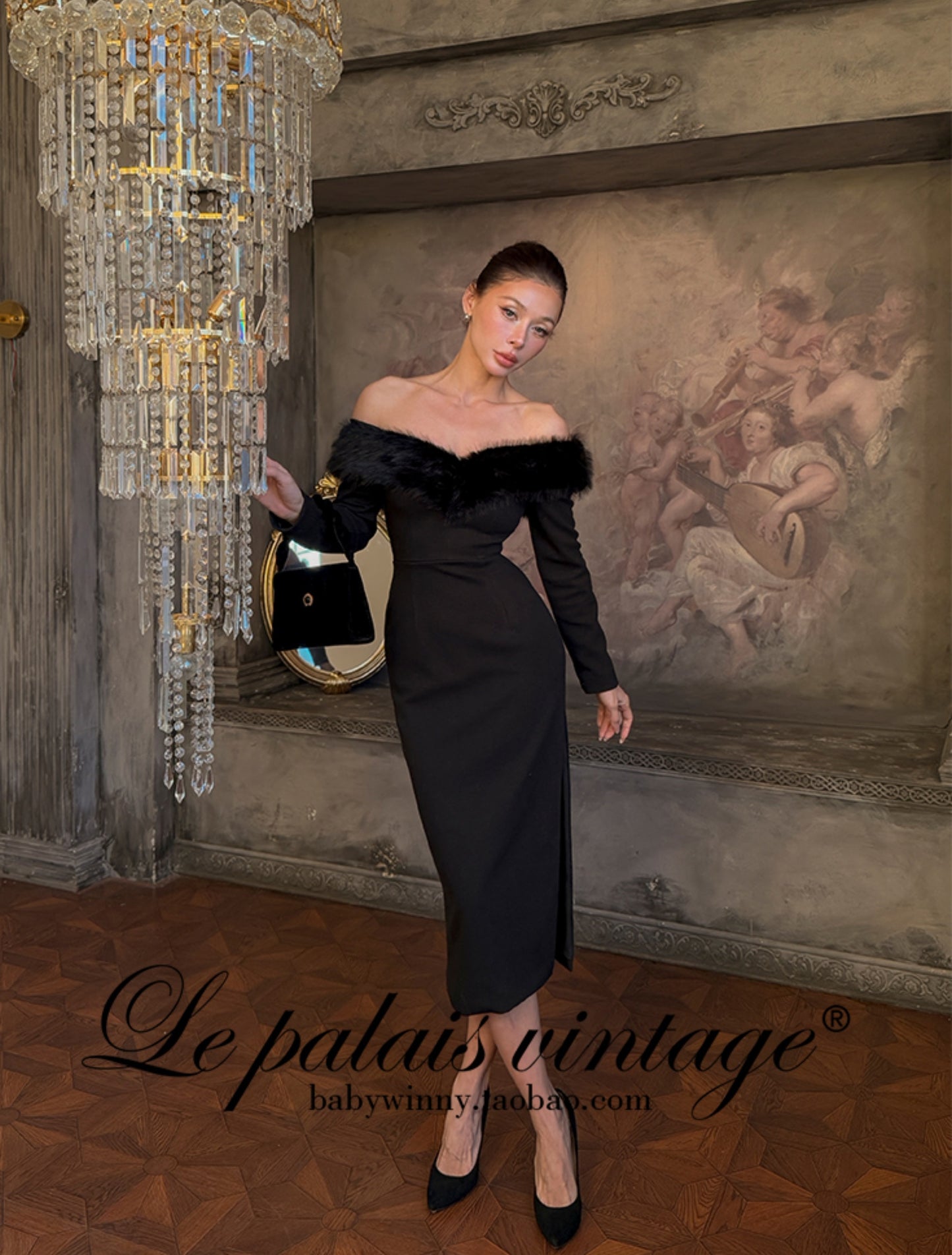 Le Palais Vintage  Elegant Black Fur Collar Off-the-shoulder Little Black Dress-MEE.