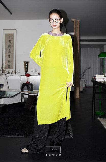 TUYUE Willow Yellow Satin Woven × Silk Velvet H-Shaped Slit Dress- FRANKLIN.