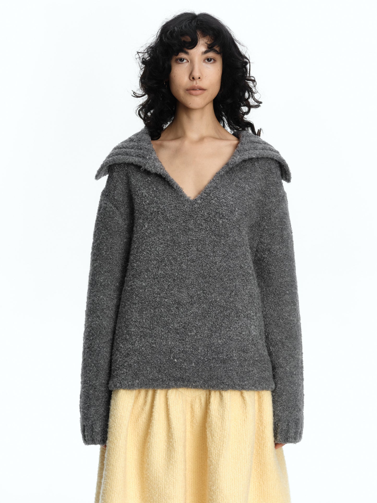 SERRER Flower grey plush hoop gauze lapel button-down sweater - CALEB.