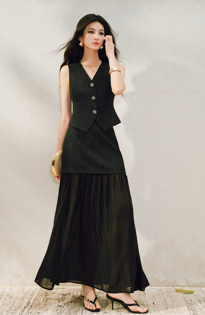 WANGXO |Light Georgette V-Neck Vest & Flowing  Skirt Suit Set-RINA