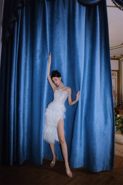 Wardrobes by Chen Luxury Whitebridal  Feather Slit Dinner Dress-Ammy