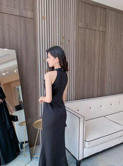 DOLLY Elegant Retro Style Black Sleeveless Halter Neck Long Chiffon Banquet Dress-