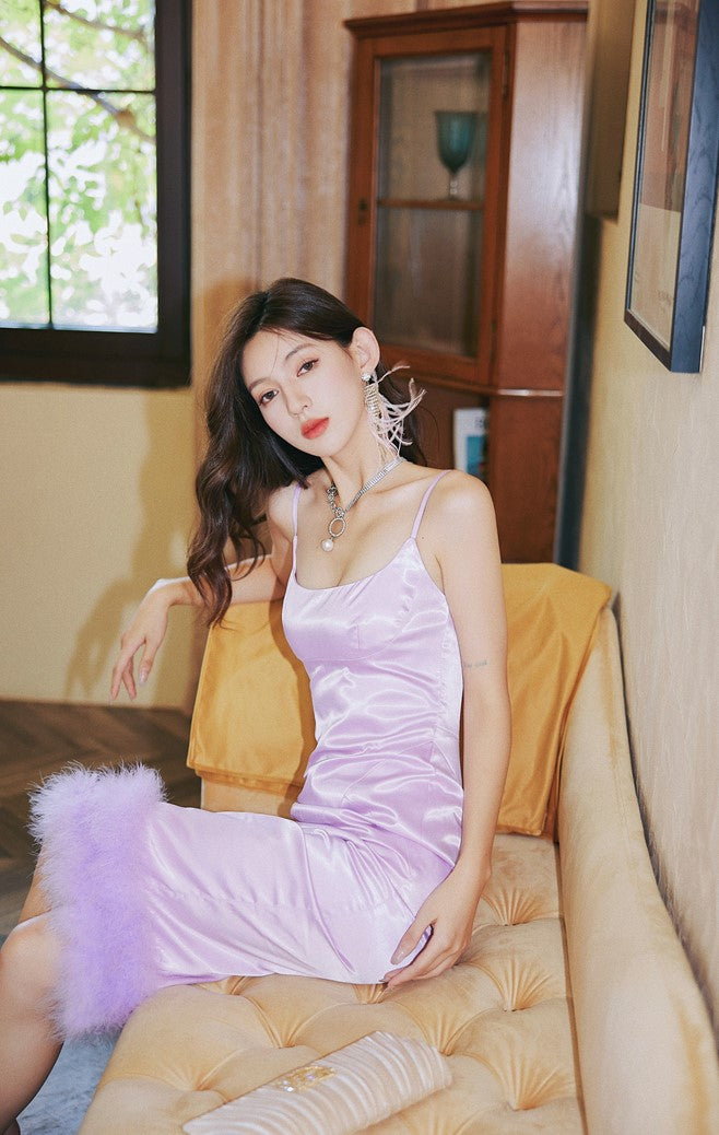 DOLLY Elegant Light Purple French Style Sleeveless Suspender Feather Party Dress-JOLENE