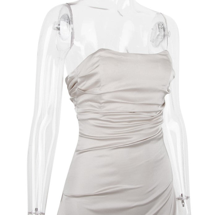 DOLLY Elegant French Style Sleeveless Tube Top Slim Fit Satin Short Dress-KARALINA