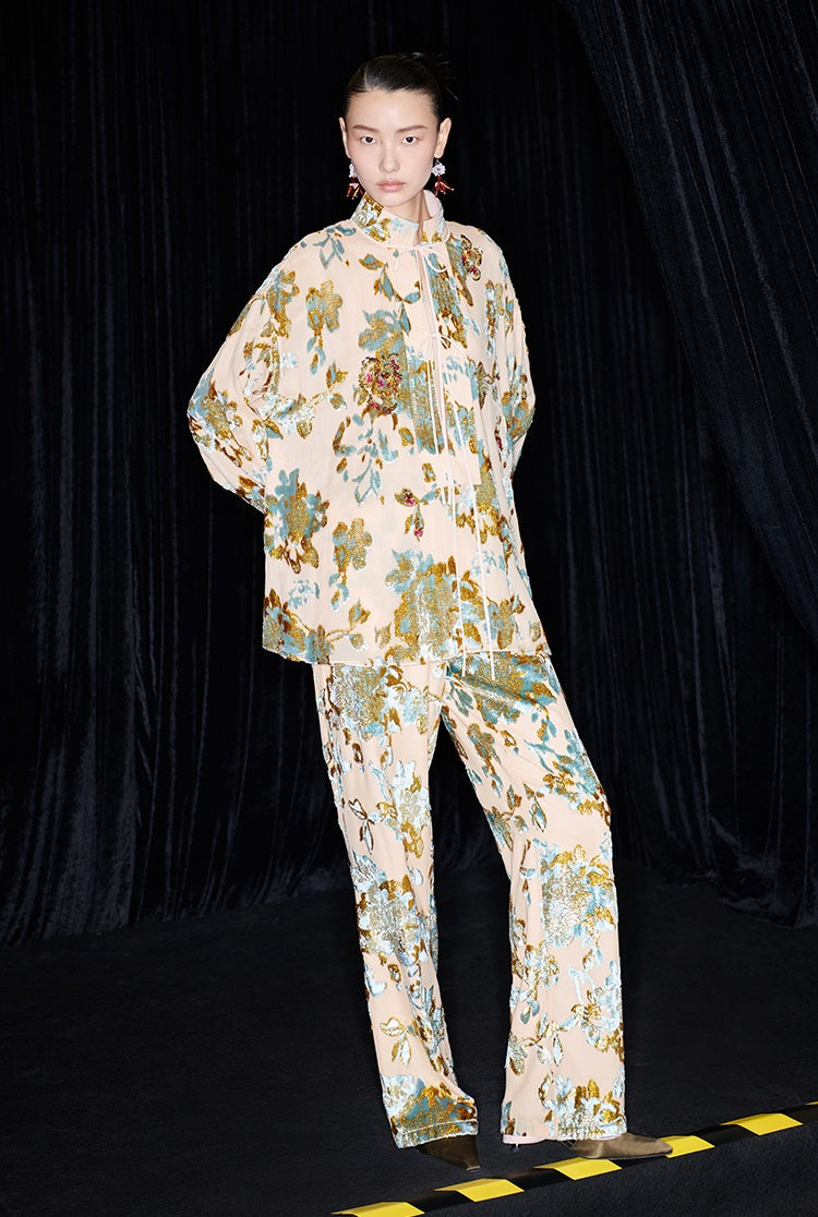 M essential Mackay designer brand Qili burnt flower velvet beads loose top - WORD.