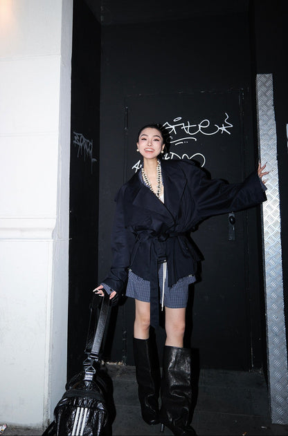 MEI SANGUAN navy blue loose lace-up trench coat - MARCELLO