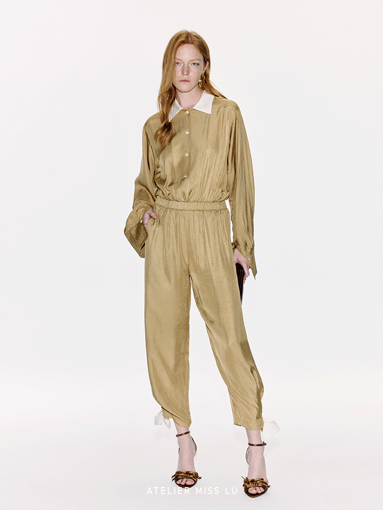 ATELIER MISS LU Ribbon Waist Acetate Jumpsuit - BLAKE